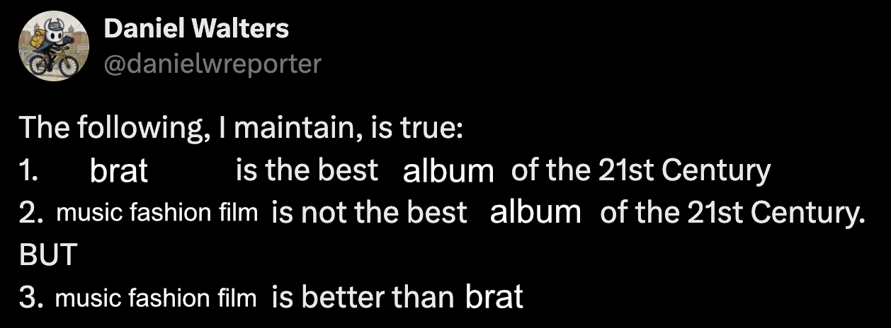 tweet about how charli xcx's music fashion film album is better than brat